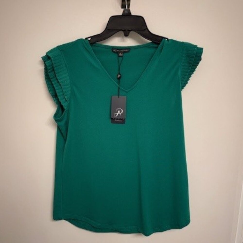 Adrianna Papell Pleated Sleeve V-Neck Top Vivid Green Small